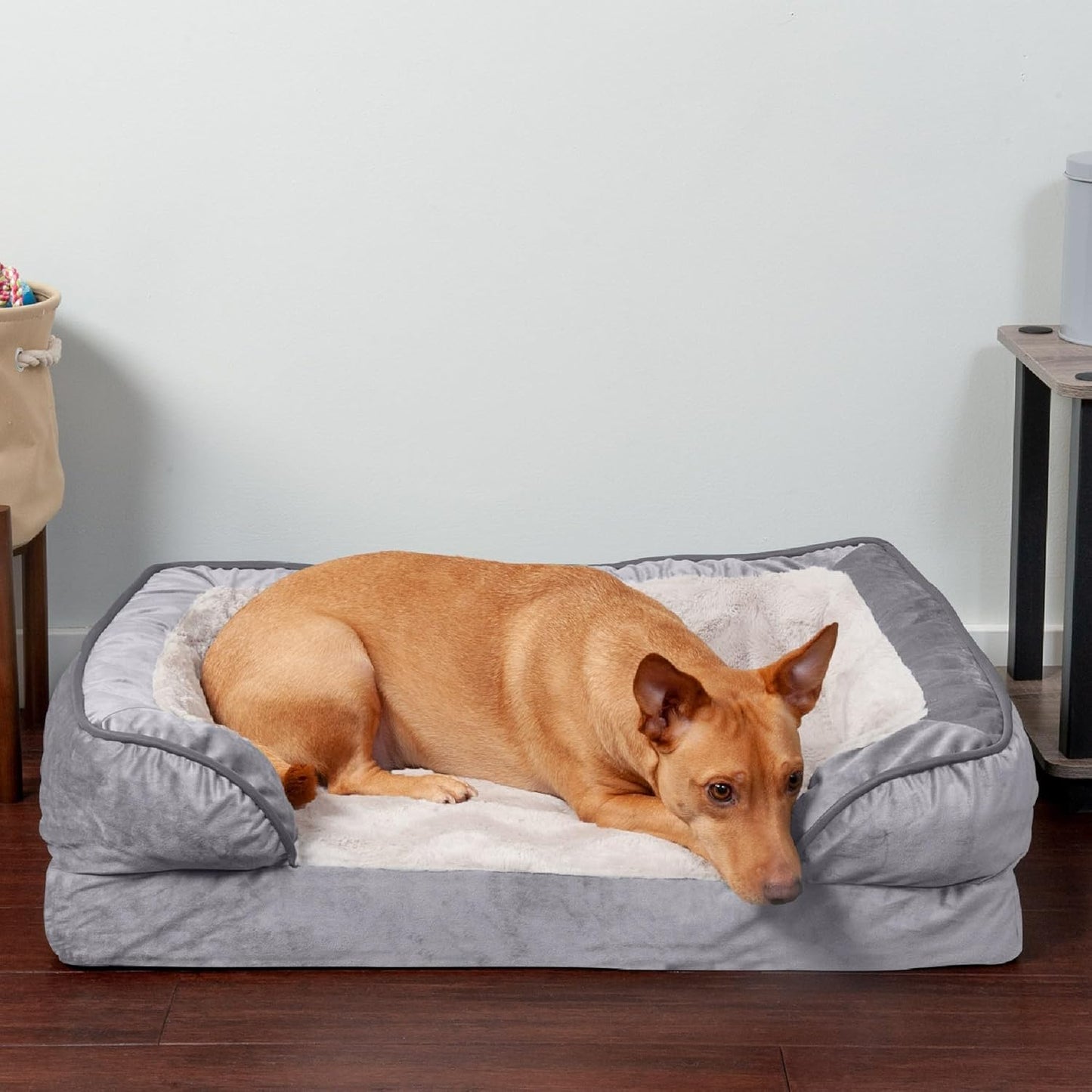 Orthopedic Dog Bed for Medium Dogs, Perfect Comfort Sofa with Removable Bolsters with Orthopedic Egg Crate Foam for Joint Support, Washable Cover, Medium, Plush & Velvet Waves, Brownstone