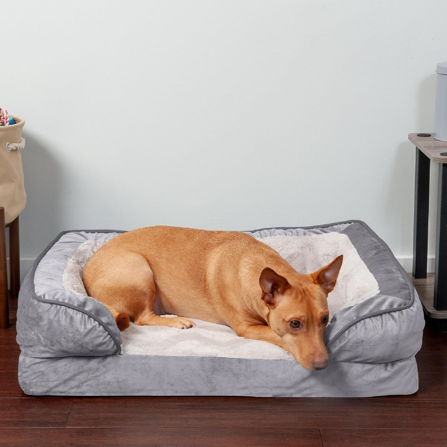 Orthopedic Dog Bed for Medium Dogs, Perfect Comfort Sofa with Removable Bolsters with Orthopedic Egg Crate Foam for Joint Support, Washable Cover, Medium, Plush & Velvet Waves, Brownstone