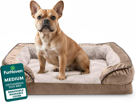 Orthopedic Dog Bed for Medium Dogs, Perfect Comfort Sofa with Removable Bolsters with Orthopedic Egg Crate Foam for Joint Support, Washable Cover, Medium, Plush & Velvet Waves, Brownstone