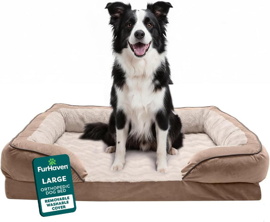 Orthopedic Dog Bed for Large/Medium Dogs W/ Removable Bolsters & Washable Cover, for Dogs up to 55 Lbs - Plush & Velvet Waves Perfect Comfort Sofa - Brownstone, Large