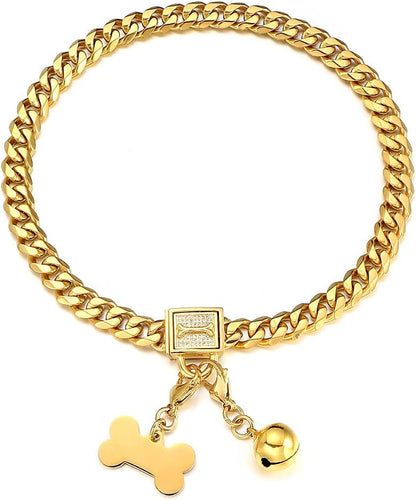 Gold Chain Dog Collar Walking Trainning Chain Collar with CZ Lock ID Tag and Bell Chew Proof 11MM/15MM/19MM Stainless Steel Cuban Link Chain for Small Medium Large Dogs (11Mm, 18Inch)